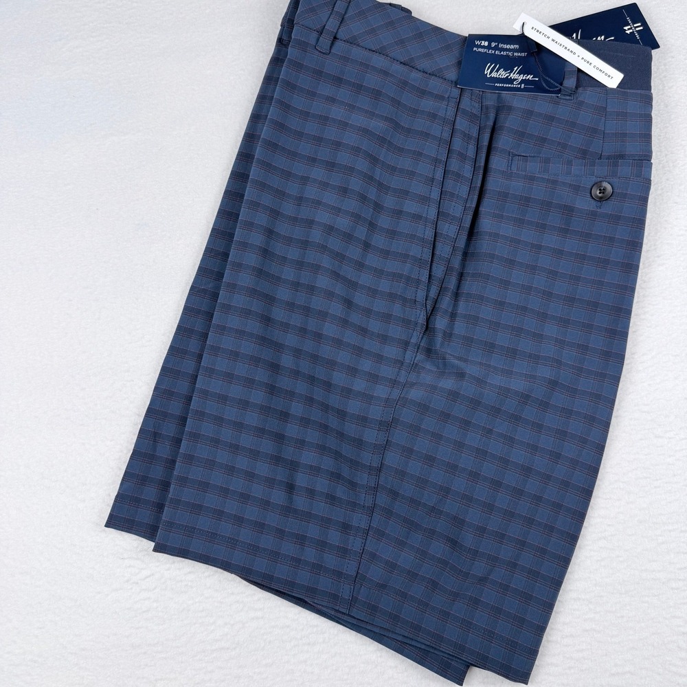 WALTER HAGEN P11 Pureflex Golf Shorts Mens 34 Navy Plaid Performance Athletic